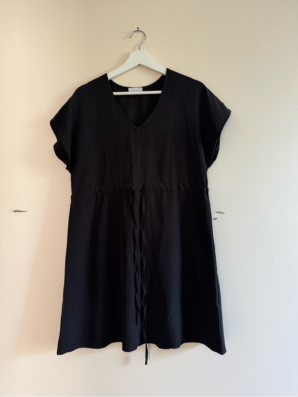 Casual Black V-Neck Drawstring Mini Dress